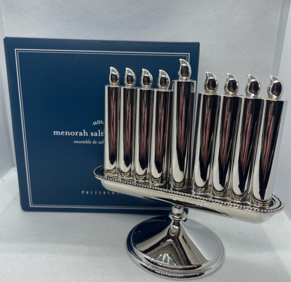 Pottery Barn Menorah Salt & Pepper Set 9 Branch Silver Hanukkah 3pc 4.5" NEW !